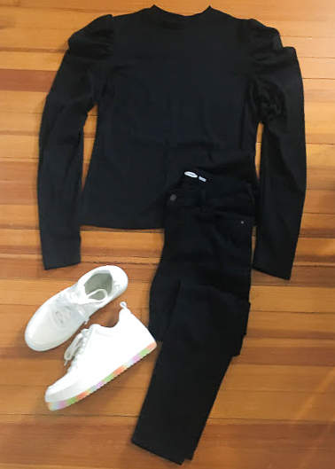 black shirt, black jeans, white sneakers