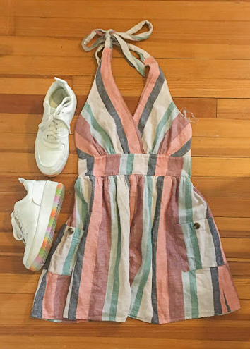 striped halter top dress with white sneakers